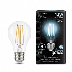 Лампа Gauss Filament А60 12W 1250lm 4100К Е27 LED 1/10/40