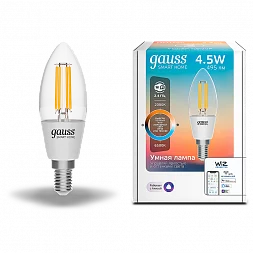 Лампа Gauss Smart Home Filament С35 4,5W 495lm 2000-6500К E14 изм.цвет.темп.+дим. LED 1/10/40