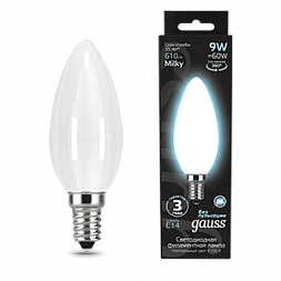 Лампа Gauss Filament Свеча 9W 610lm 4100К Е14 milky LED 1/10/50