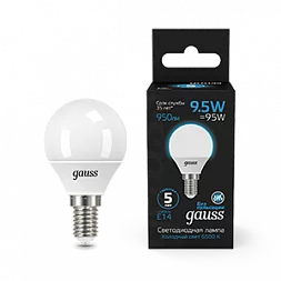 Лампа Gauss Шар 9.5W 950lm 6500K E14 LED 1/10/100